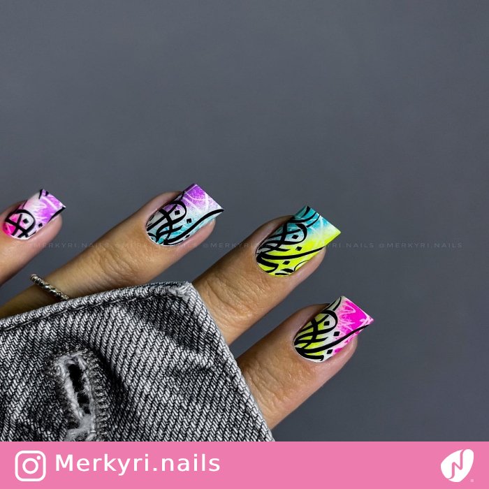 Colorful Calligraphy Square Nails